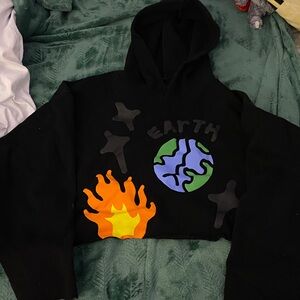 CUT CROPPED Black Hoodie with Earth and Flame Design